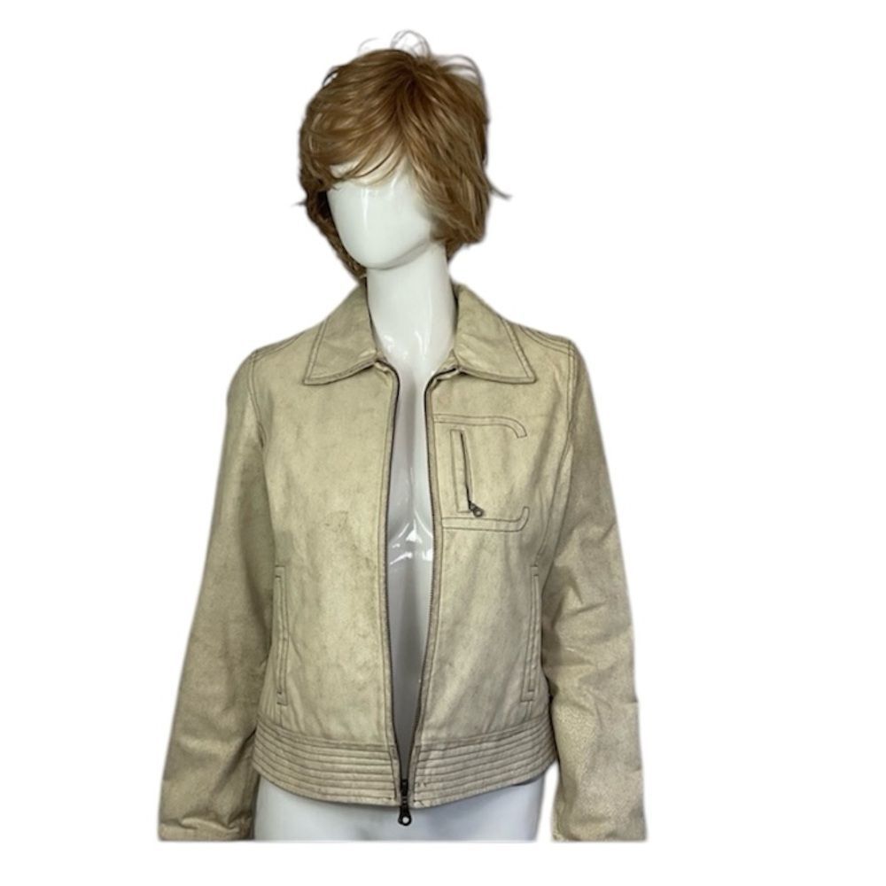Castro Vintage Women's Cream 100% Leather Front Zip Moto Jacket Size S